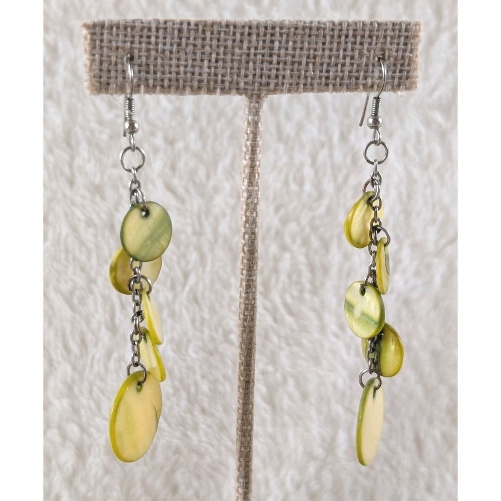 Green Shell Disc Dangle Earrings Boho Lightweight‎ Drop Beach Style Jewelry